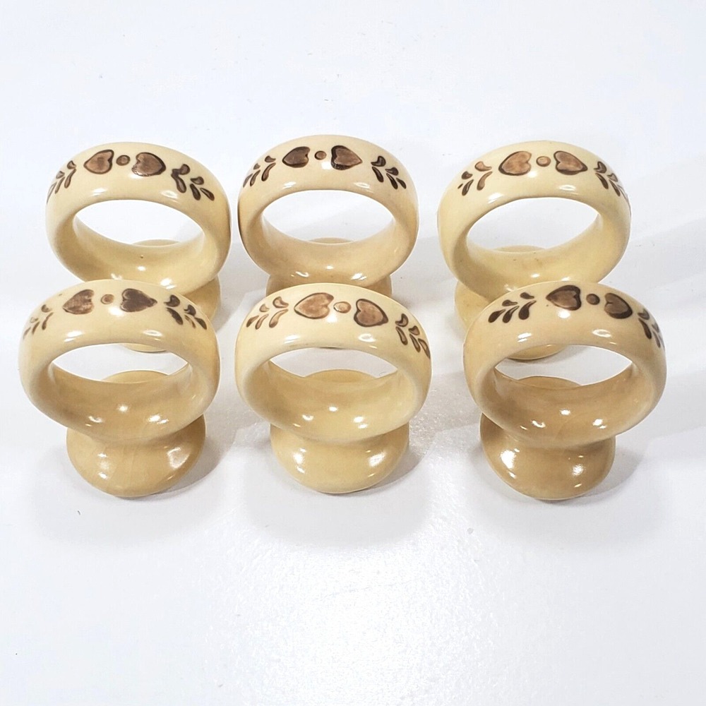 Vintage Pfaltzgraff Village Pattern Stoneware Napkin Rings Beige Brown Set of 6